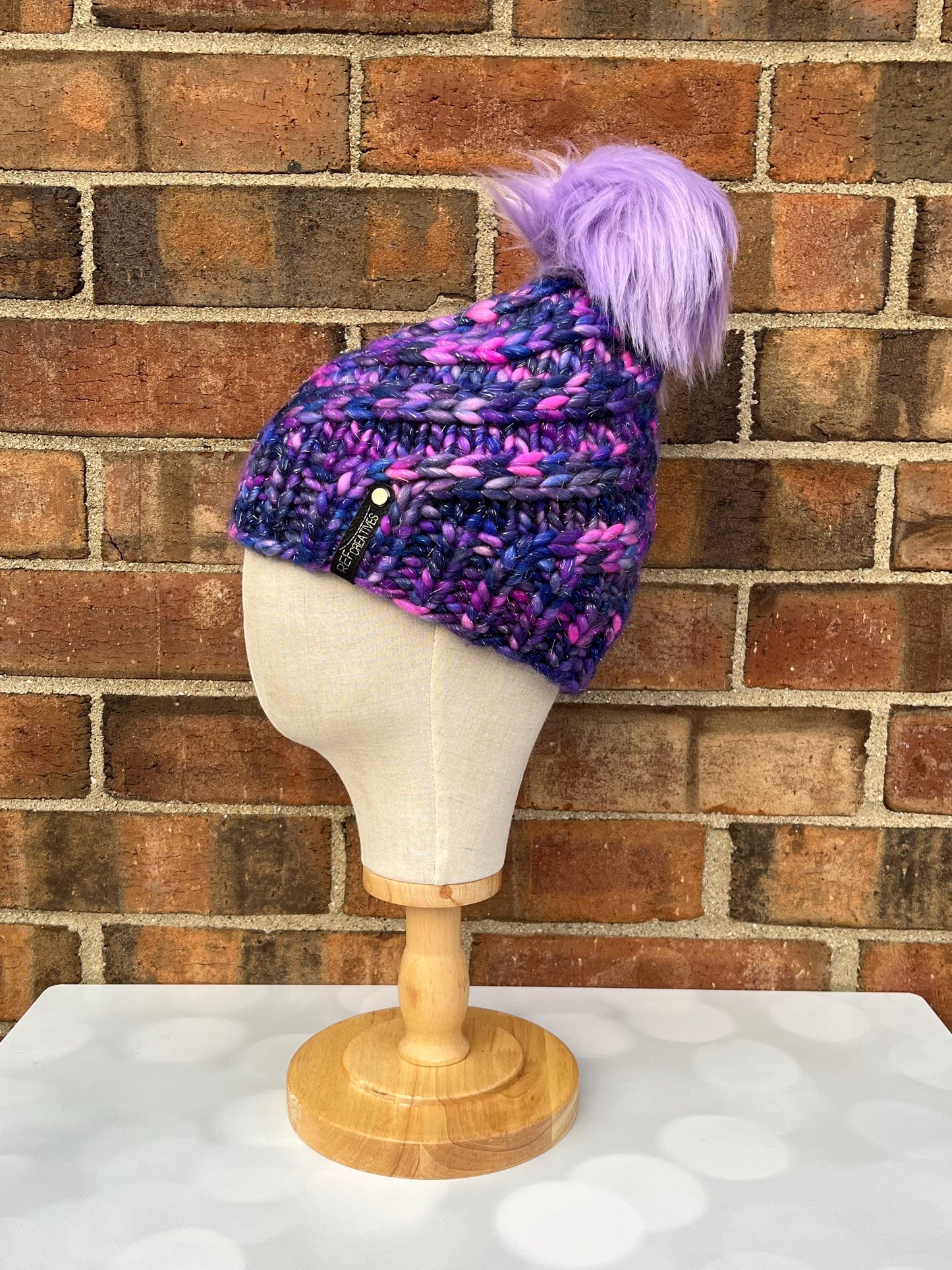 Luxury Celestial Sparkles Merino Wool Knit Hat - Purple Glitter Swirls Hand Knit Hat with Hand Dyed Yarn