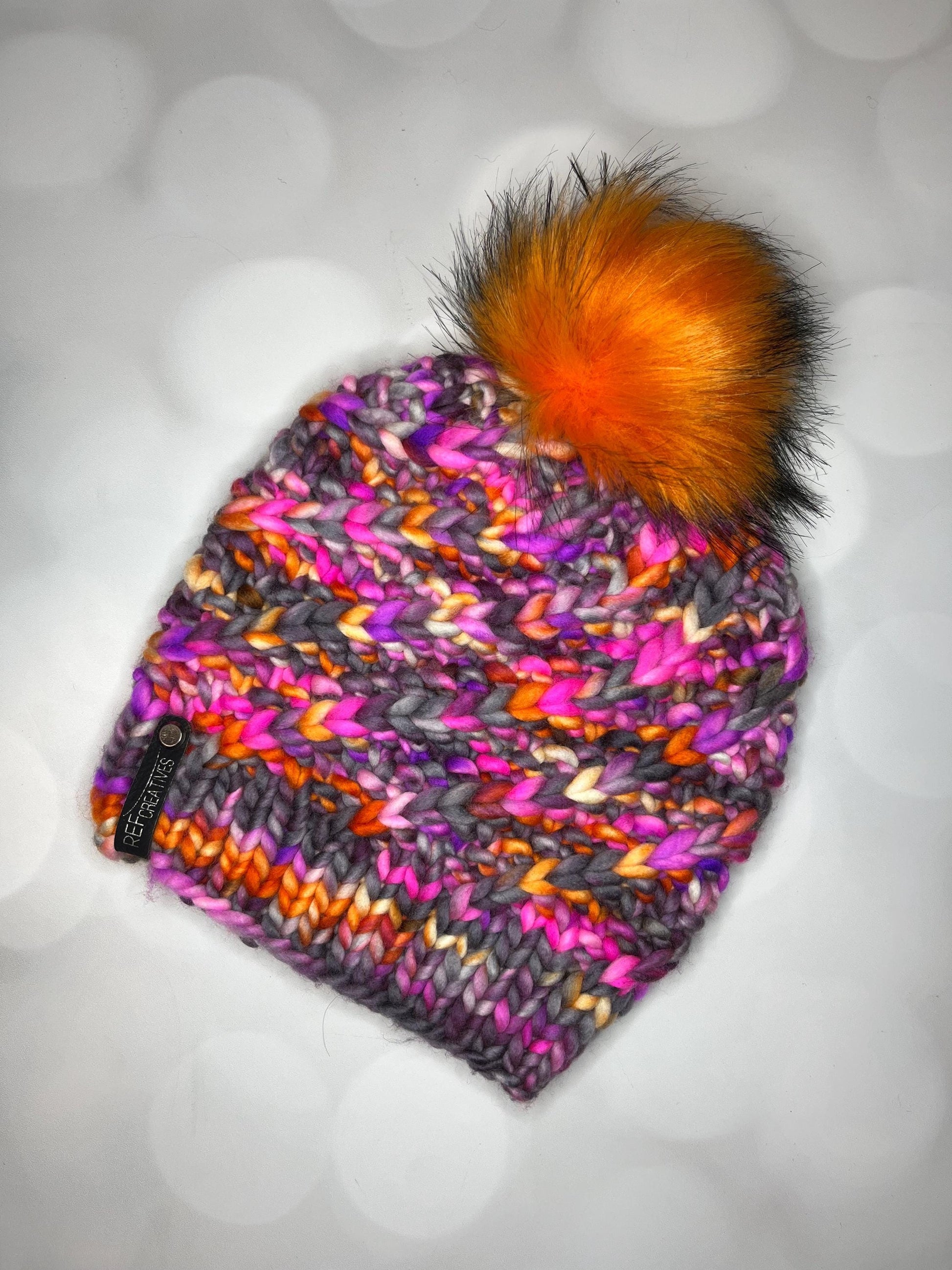 Luxury Grey Orange Pink Purple Merino Wool Knit Hat - Labradorite Swirls Hand Knit Hat with Hand Dyed Yarn