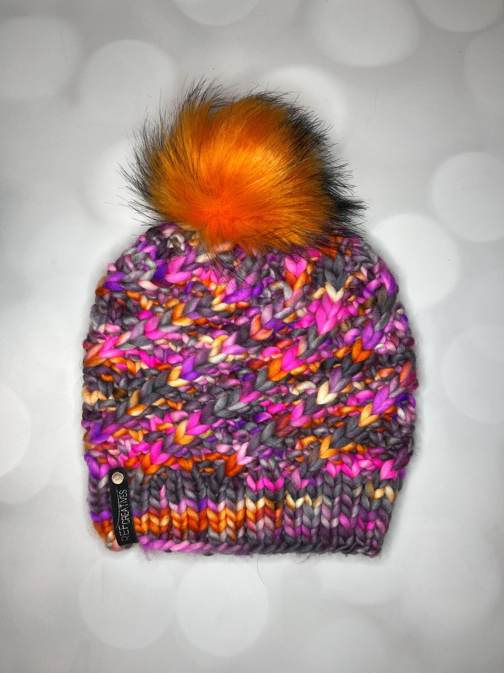 Luxury Grey Orange Pink Purple Merino Wool Knit Hat - Labradorite Swirls Hand Knit Hat with Hand Dyed Yarn