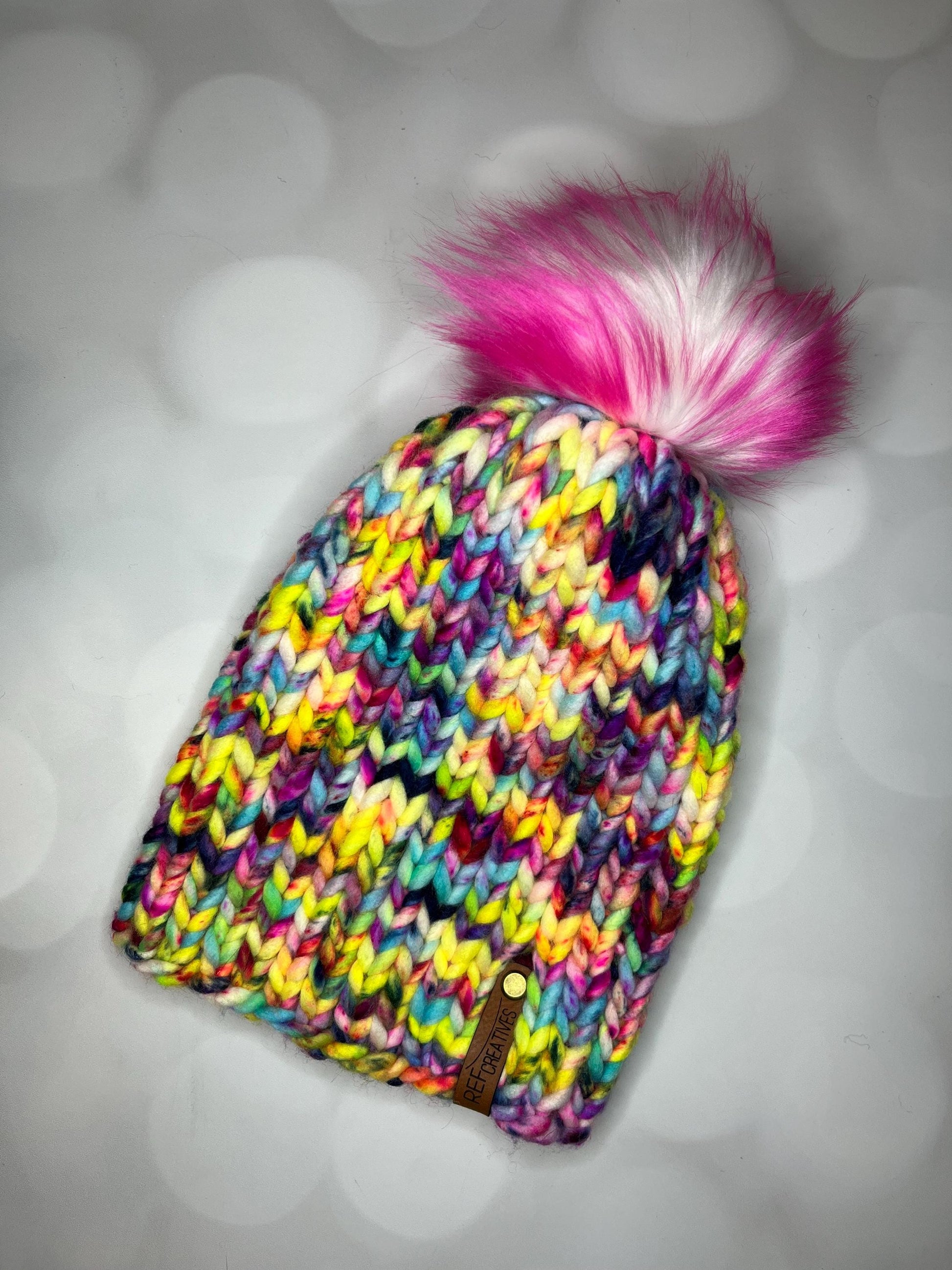 Luxury Bright Speckled Merino Wool Ribbed Knit Hat - Yellow Pink Blue Classic Beanie Hand Knit Hat with Hand Dyed Yarn