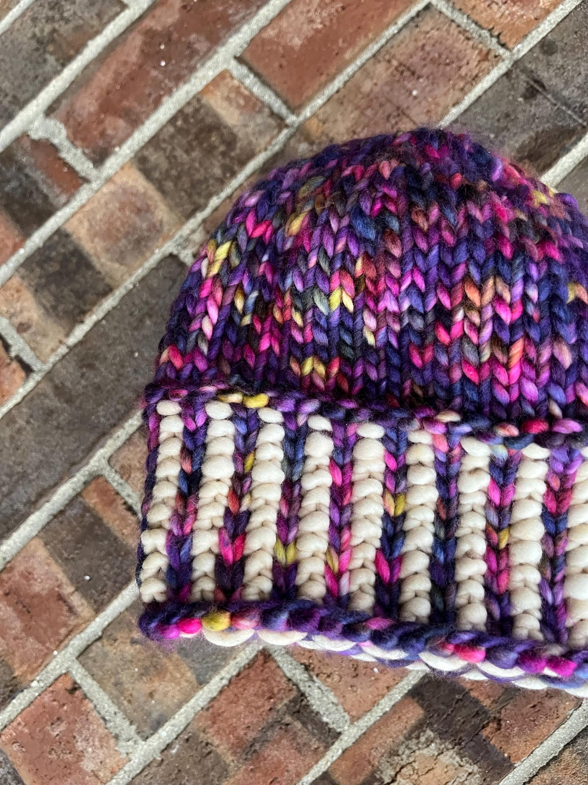 Luxury Purple Corrugated Ribbed Merino Wool Beanie - Rich Sunset Hand Knit Hat with Hand Dyed Yarn