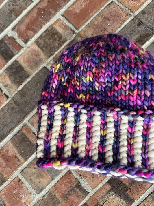 Luxury Purple Corrugated Ribbed Merino Wool Beanie - Rich Sunset Hand Knit Hat with Hand Dyed Yarn
