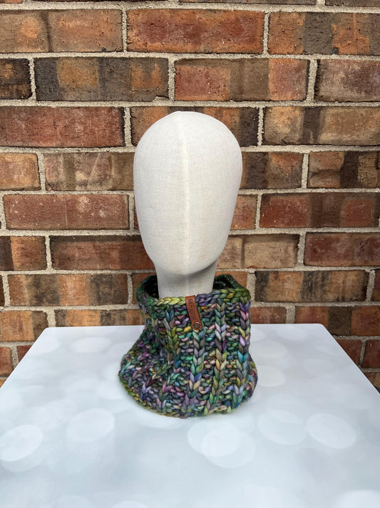 Luxury Green Merino Wool Knit Neckwarmer - Hand Knit Cowl with Hand Dyed Yarn