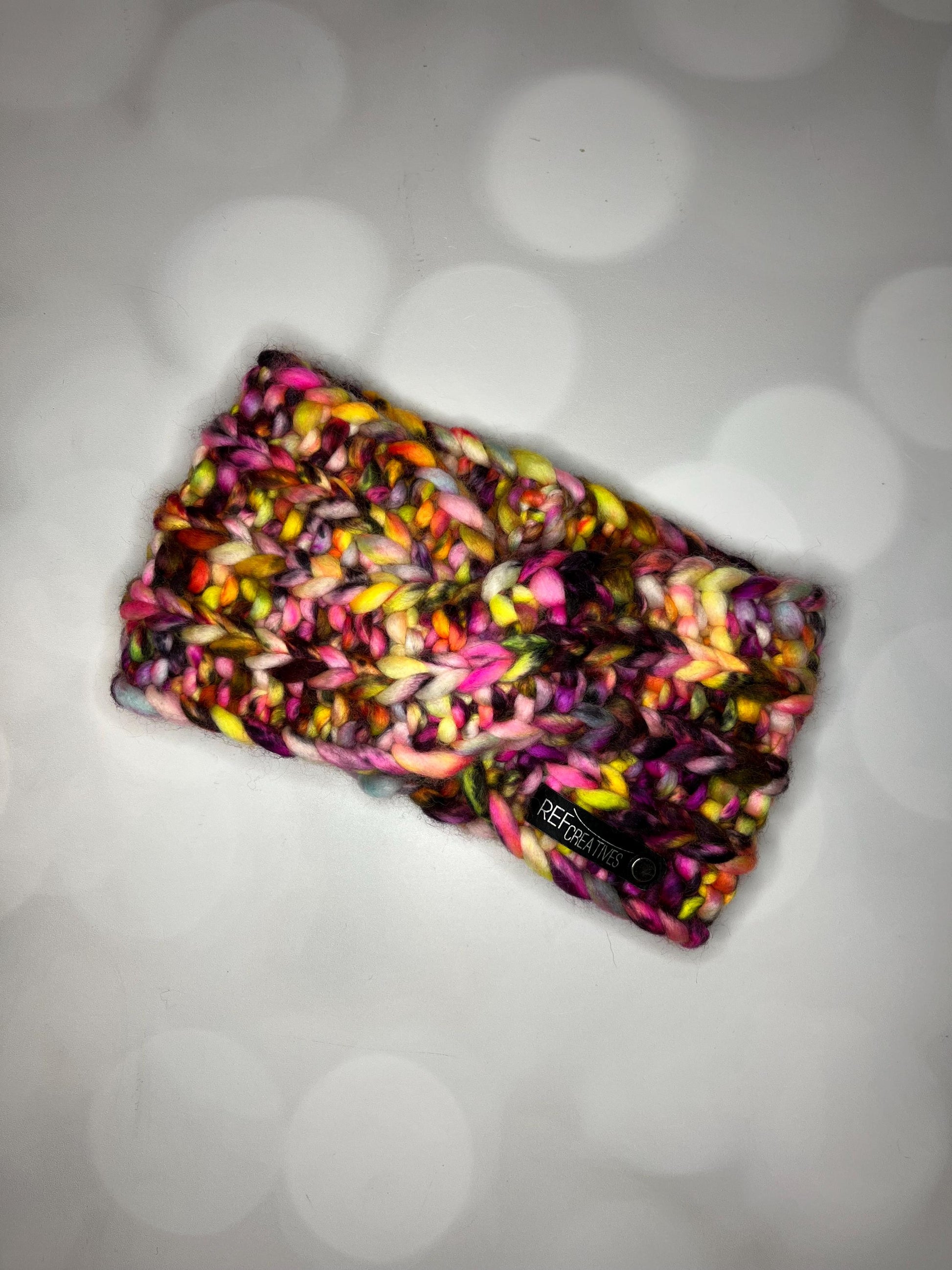 Luxury Black Pink Yellow Hand Knit Ear Warmer with Hand Dyed Yarn