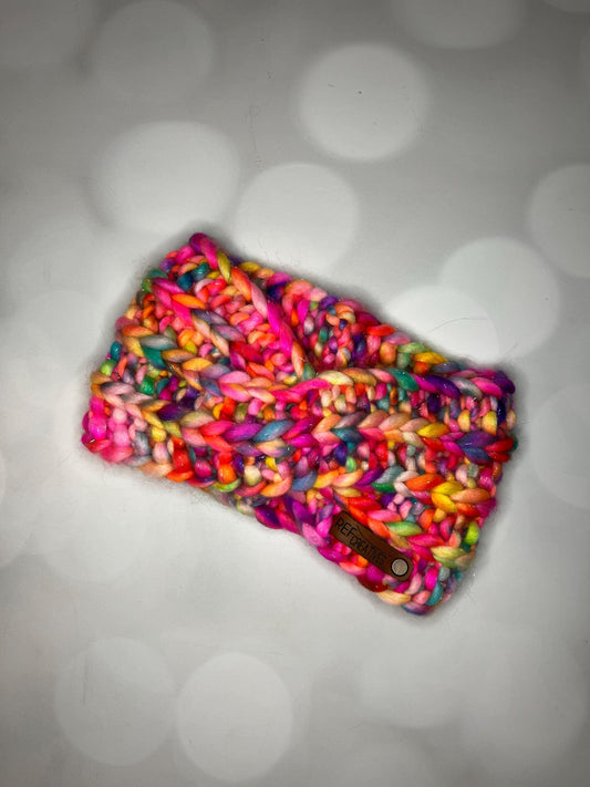 Luxury Sparkly Rainbow Hand Knit Ear Warmer with Hand Dyed Yarn