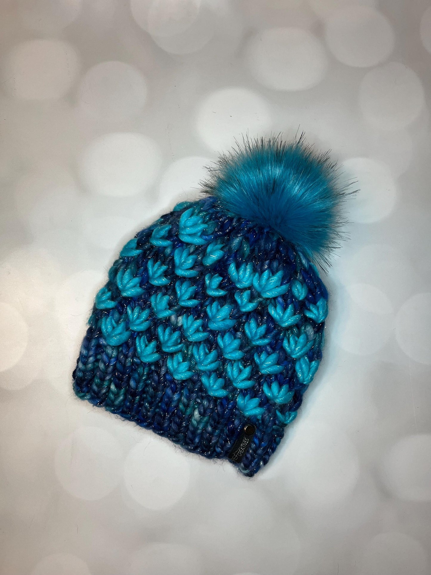 Luxury Blue Cyan Sparkle Merino Wool Knit Hat - Glitter Lotus Flower Beanie Hand Knit Hat with Hand Dyed Yarn