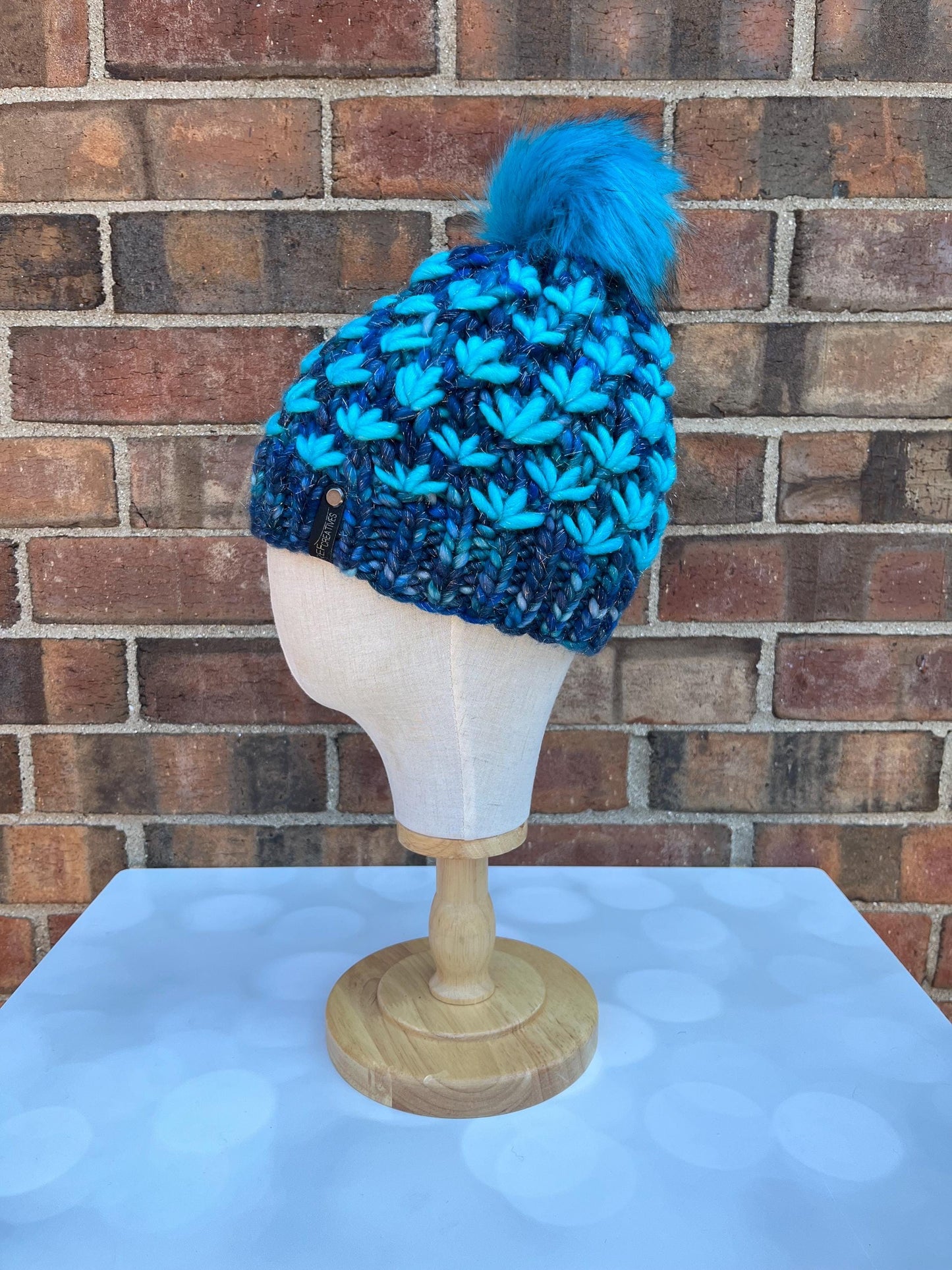 Luxury Blue Cyan Sparkle Merino Wool Knit Hat - Glitter Lotus Flower Beanie Hand Knit Hat with Hand Dyed Yarn