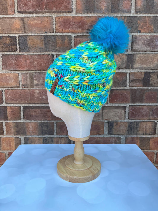 Luxury Blue Green Yellow Merino Wool Knit Hat - Tropical Beach Swirls Hand Knit Hat with Hand Dyed Yarn