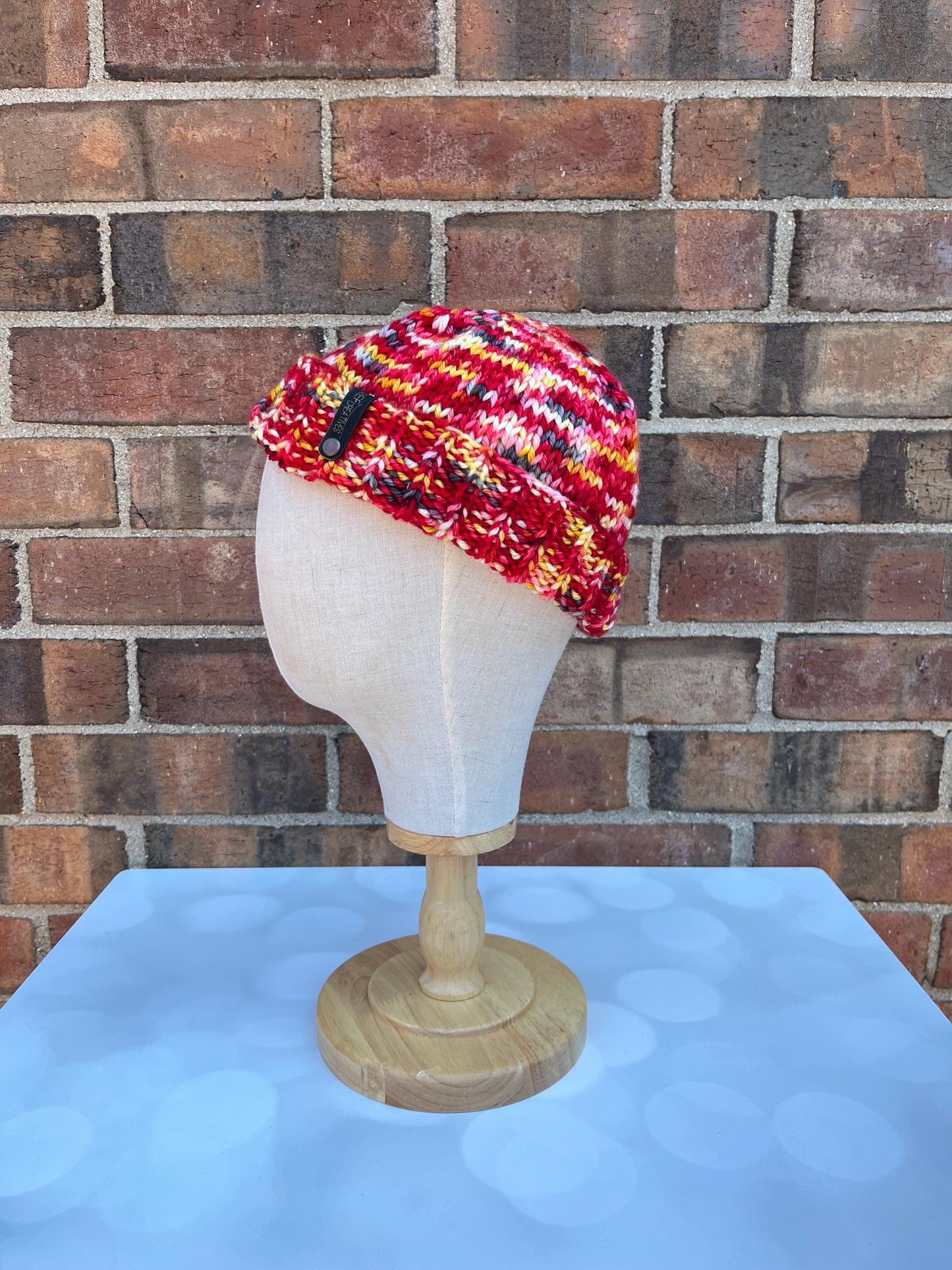 Luxury Red Folded Brim Merino Wool Beanie - Teenie Weenie Beanie Hand Knit Hat with Hand Dyed Yarn