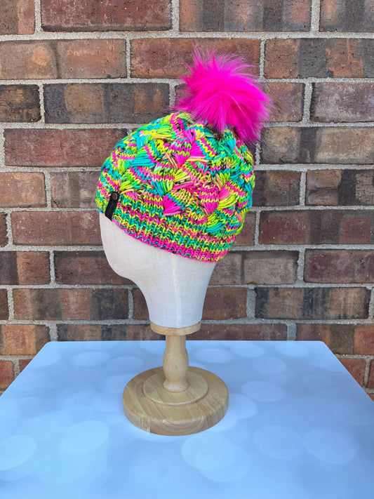 Luxury Neon Pink Yellow BlueMerino Wool Beanie - Serpensortia Hand Knit Hat with Hand Dyed Yarn