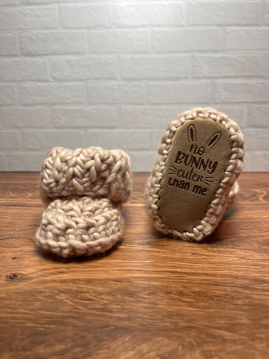 3-6 months - Luxury Beige “No Bunny Cuter Than Me” Merino Wool Crochet Baby Booties - Hand Crocheted Baby Booties with Hand Dyed Yarn