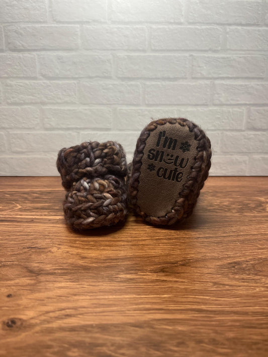 3-6 months - Luxury Brown “I’m Snow Cute” Merino Wool Crochet Baby Booties - Hand Crocheted Baby Booties with Hand Dyed Yarn
