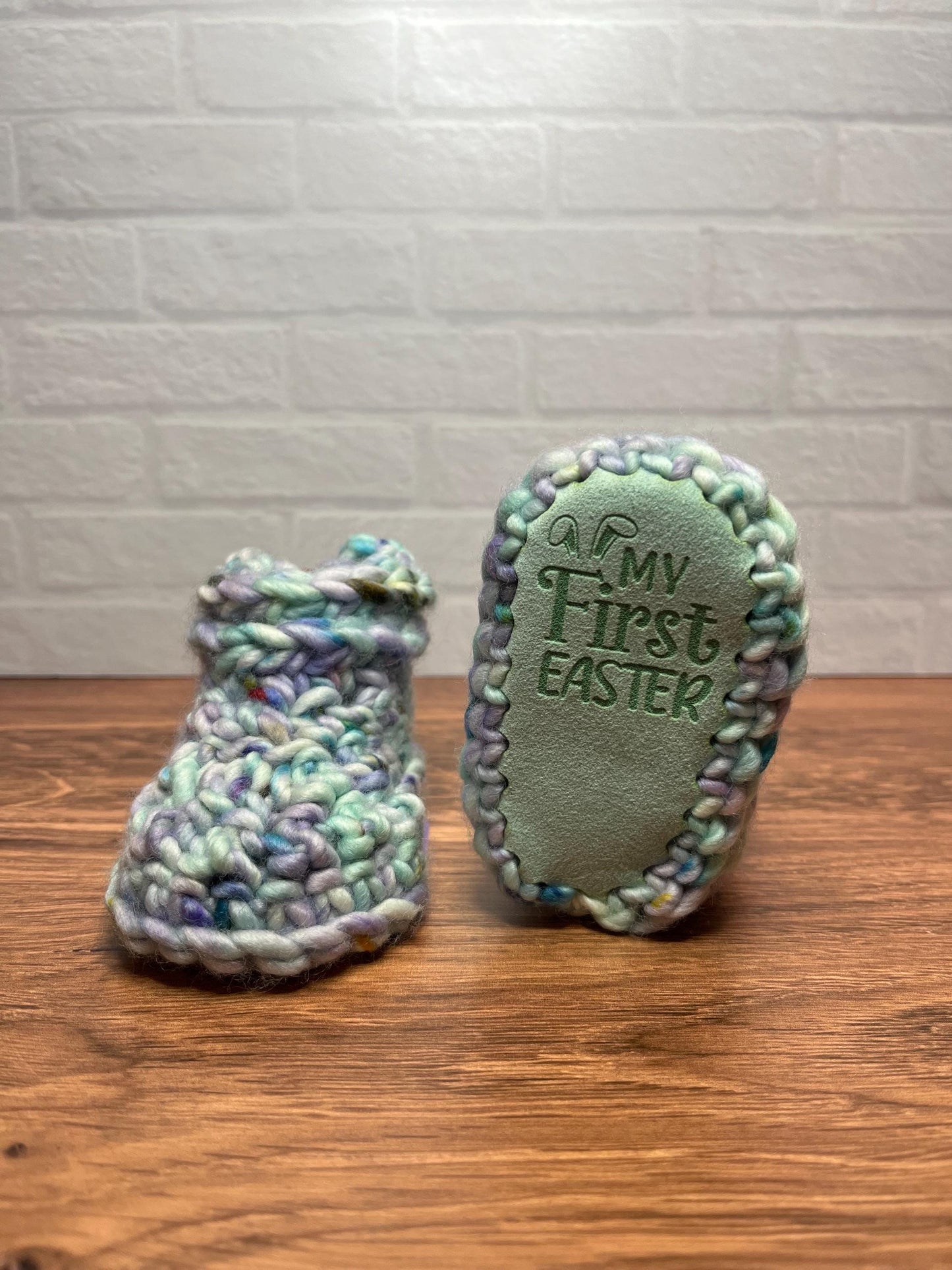 3-6 months - Luxury Green Purple “My First Easter” Merino Wool Crochet Baby Booties - Hand Crocheted Baby Booties with Hand Dyed Yarn