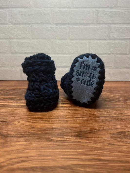 0-3 months - Luxury Blue “I’m Snow Cute” Merino Wool Crochet Baby Booties - Hand Crocheted Baby Booties with Hand Dyed Yarn