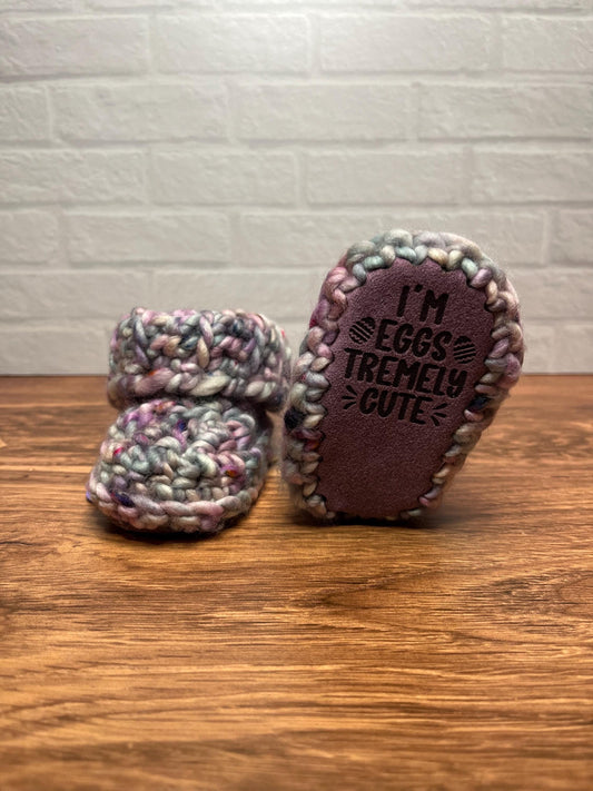 3-6 months - Luxury Purple Green “I’m Eggstremely Cute” Merino Wool Crochet Baby Booties - Hand Crocheted Baby Booties with Hand Dyed Yarn
