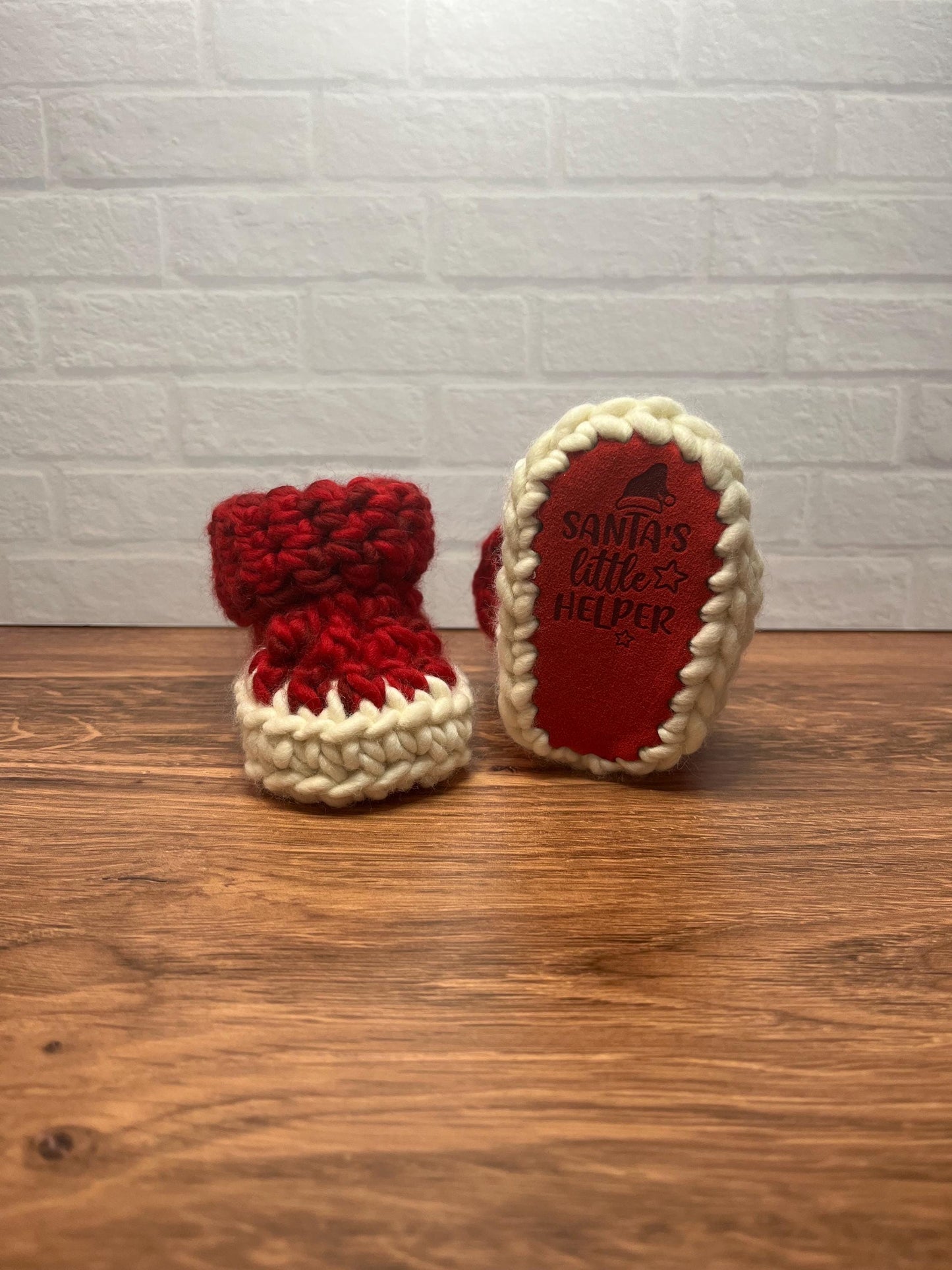 3-6 months - Luxury Red White “Santa’s Little Helper” Merino Wool Crochet Baby Booties - Hand Crocheted Baby Booties with Hand Dyed Yarn