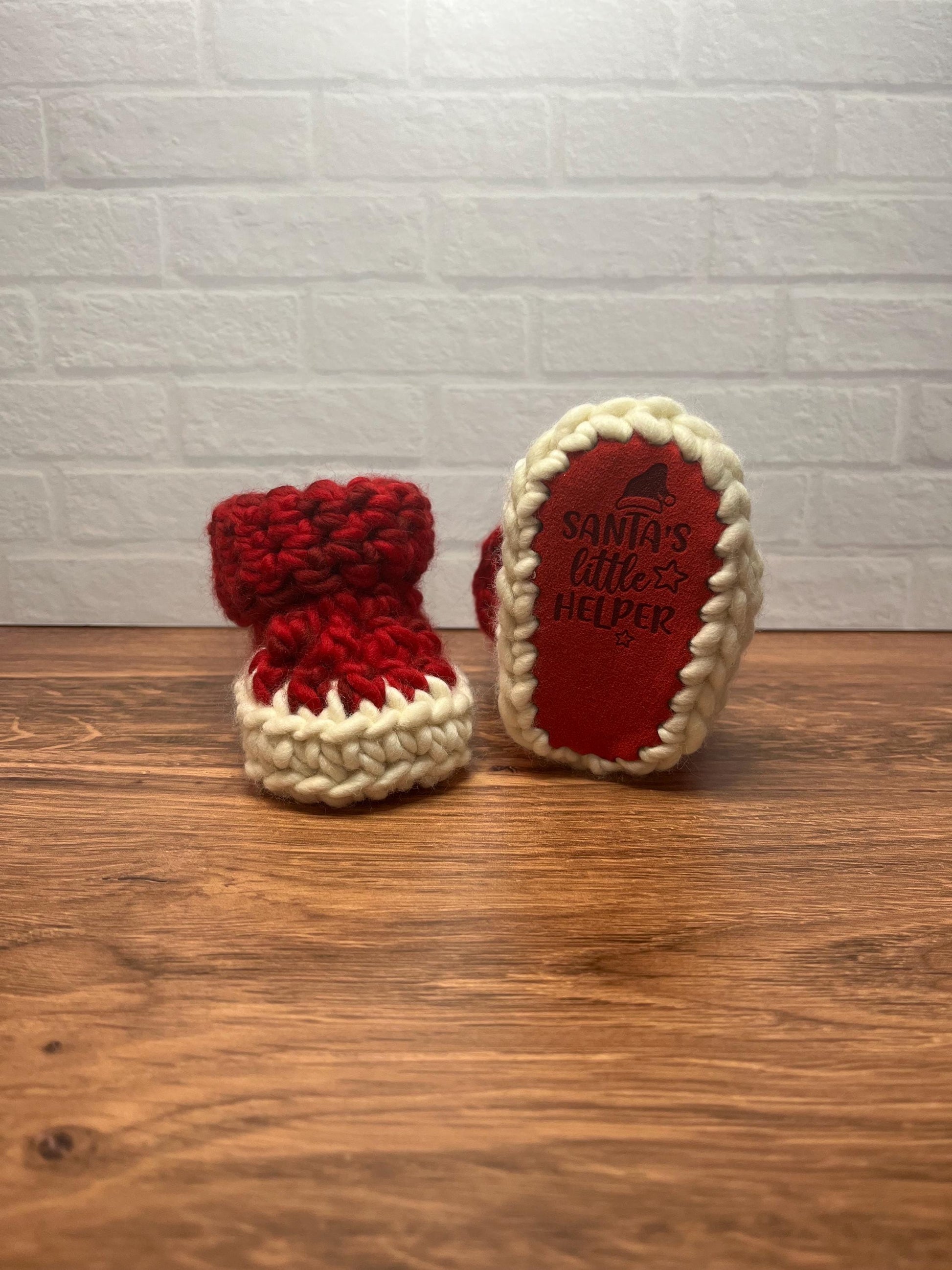 3-6 months - Luxury Red White “Santa’s Little Helper” Merino Wool Crochet Baby Booties - Hand Crocheted Baby Booties with Hand Dyed Yarn