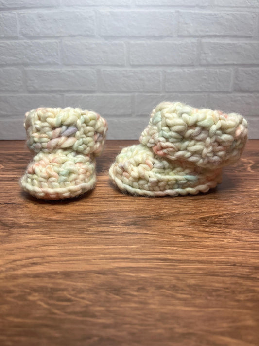 3-6 months - Luxury Pastel “I’m Eggstremely Cute” Merino Wool Crochet Baby Booties - Hand Crocheted Baby Booties with Hand Dyed Yarn