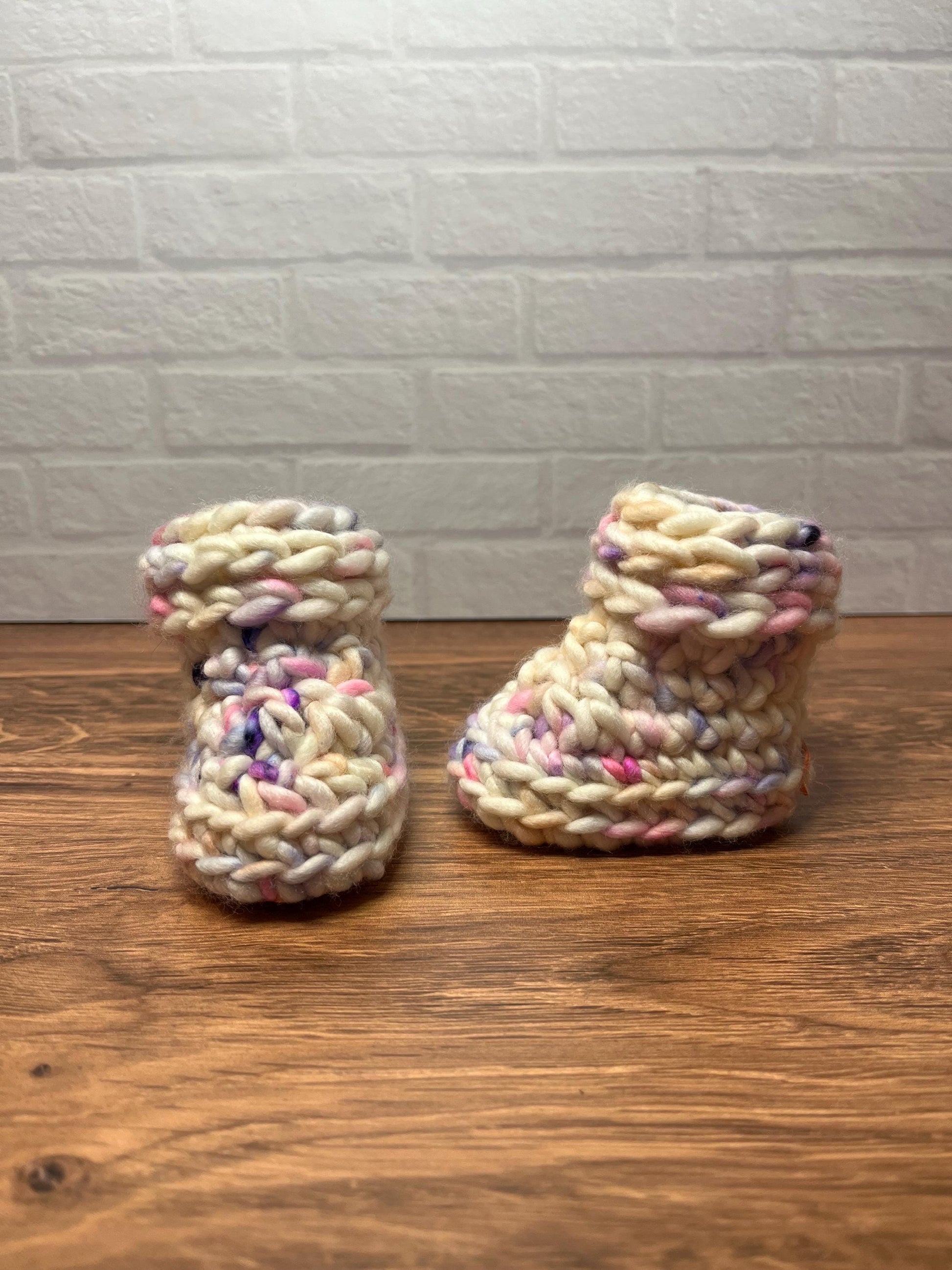 0-3 months - Luxury Pink Purple “Little Love Bug” Merino Wool Crochet Baby Booties - Hand Crocheted Baby Booties with Hand Dyed Yarn