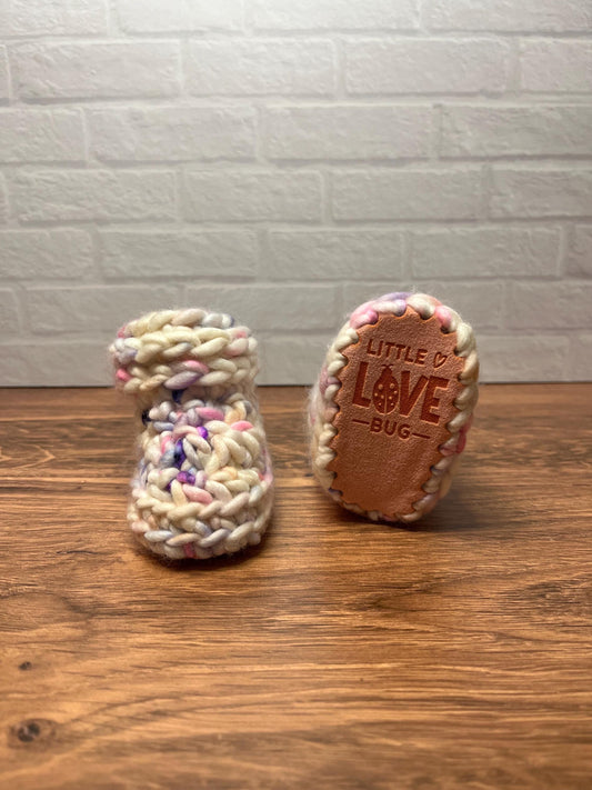 0-3 months - Luxury Pink Purple “Little Love Bug” Merino Wool Crochet Baby Booties - Hand Crocheted Baby Booties with Hand Dyed Yarn