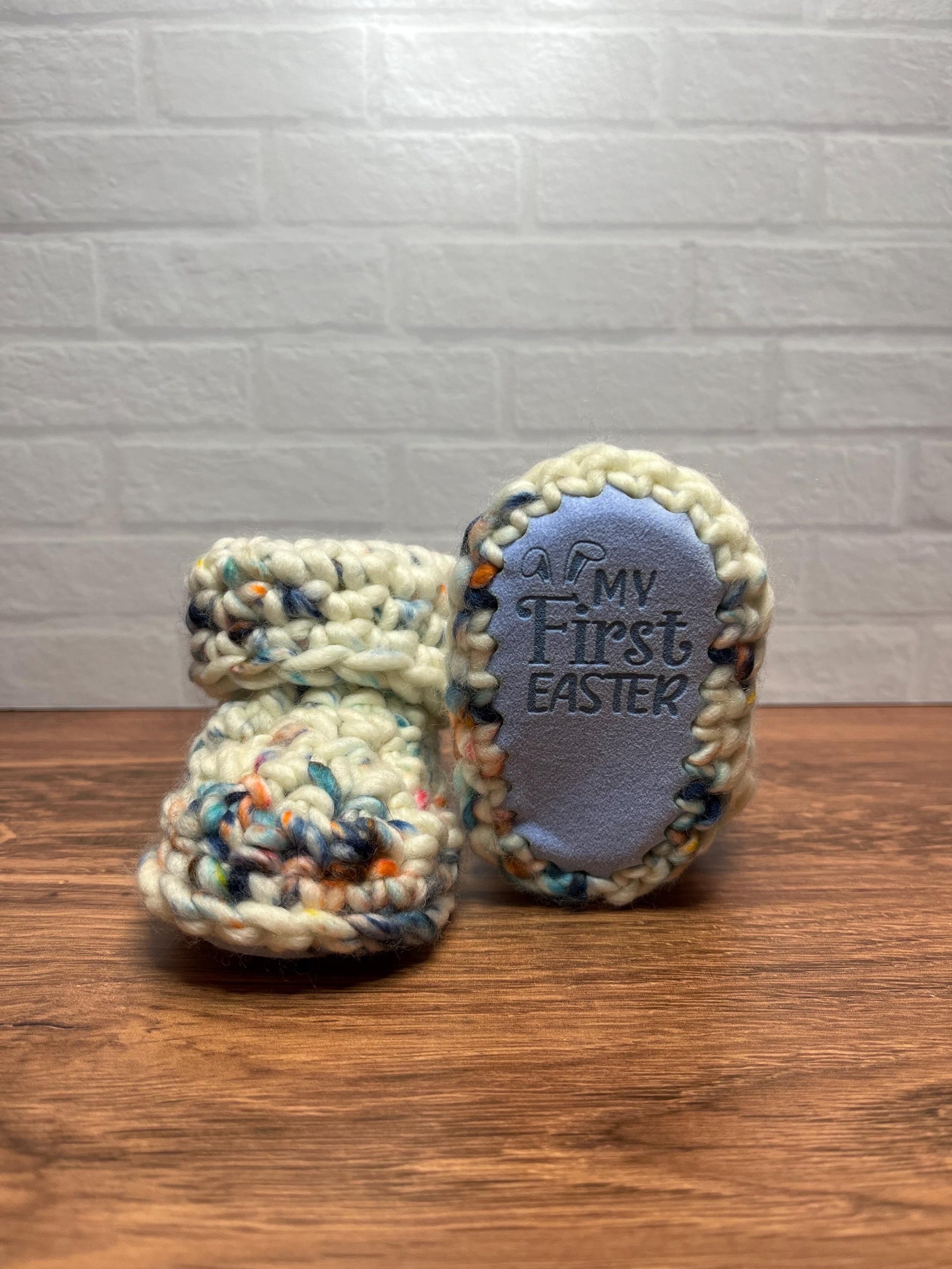 3-6 months - Luxury White Blue “My First Easter” Merino Wool Crochet Baby Booties - Hand Crocheted Baby Booties with Hand Dyed Yarn