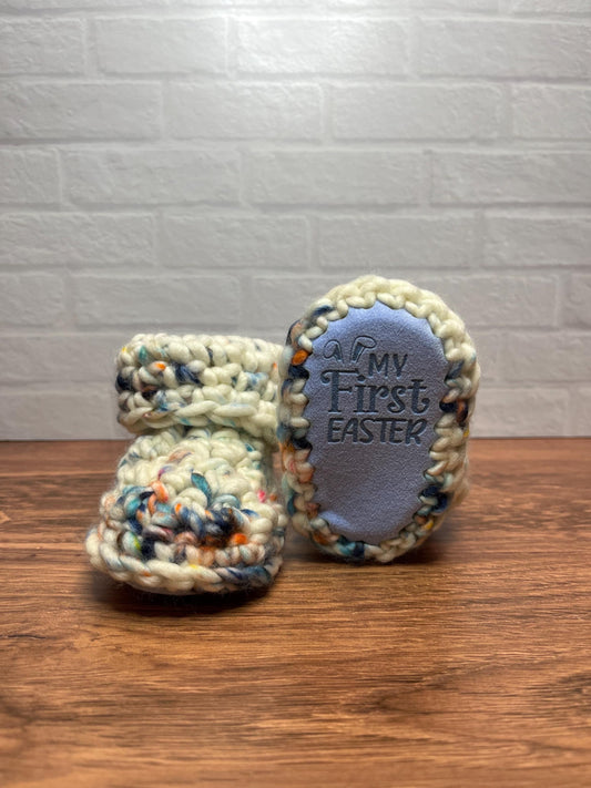 3-6 months - Luxury White Blue “My First Easter” Merino Wool Crochet Baby Booties - Hand Crocheted Baby Booties with Hand Dyed Yarn