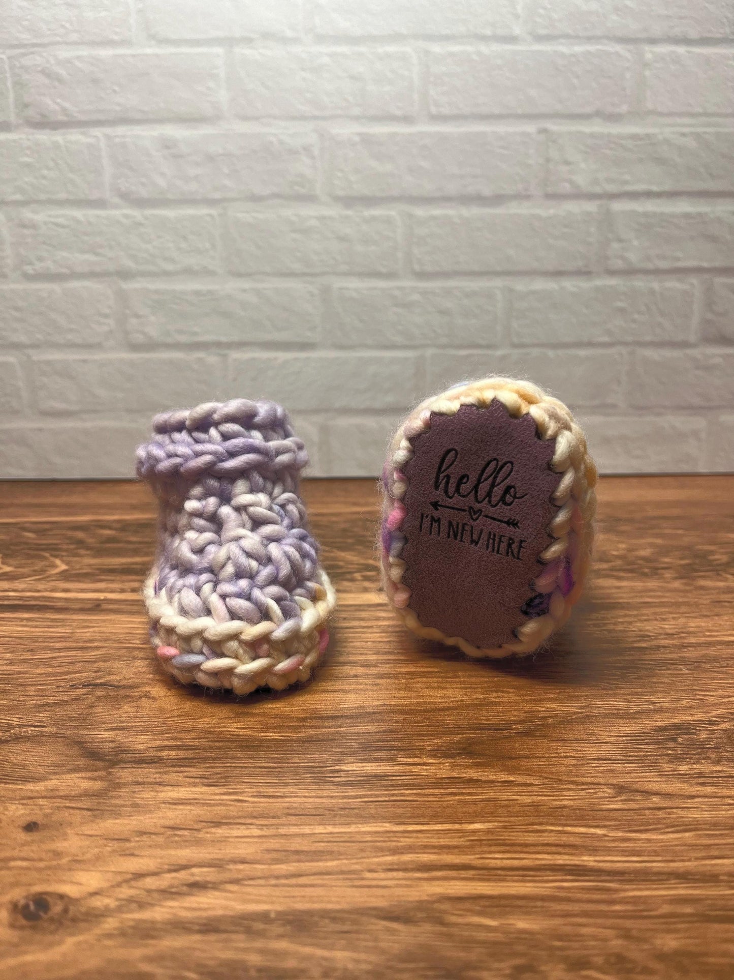 0-3 months - Luxury Purple “Hello I’m New Here” Merino Wool Crochet Baby Booties - Hand Crocheted Baby Booties with Hand Dyed Yarn