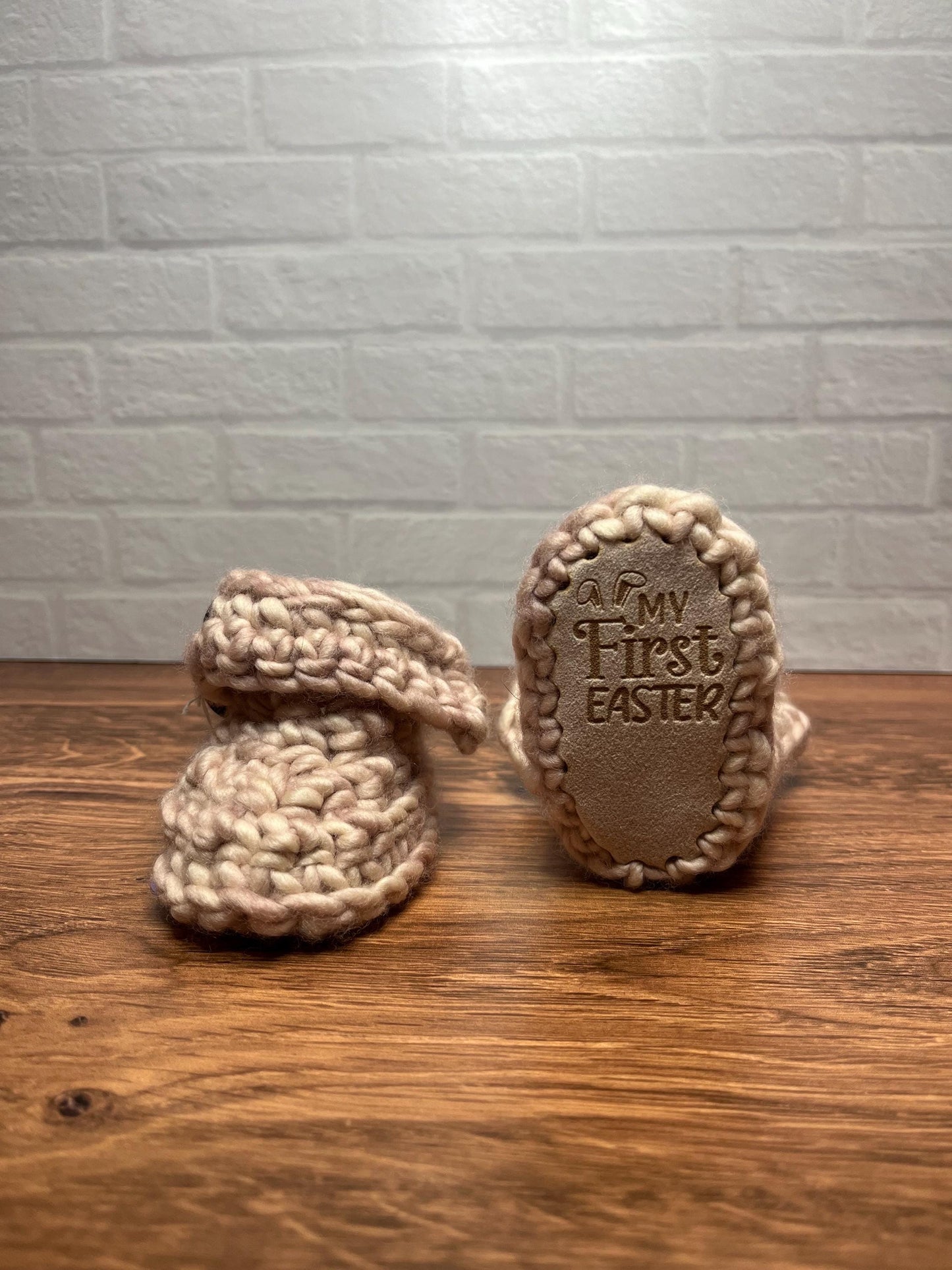 3-6 months - Luxury Beige “My First Easter” Merino Wool Crochet Baby Booties - Hand Crocheted Baby Booties with Hand Dyed Yarn
