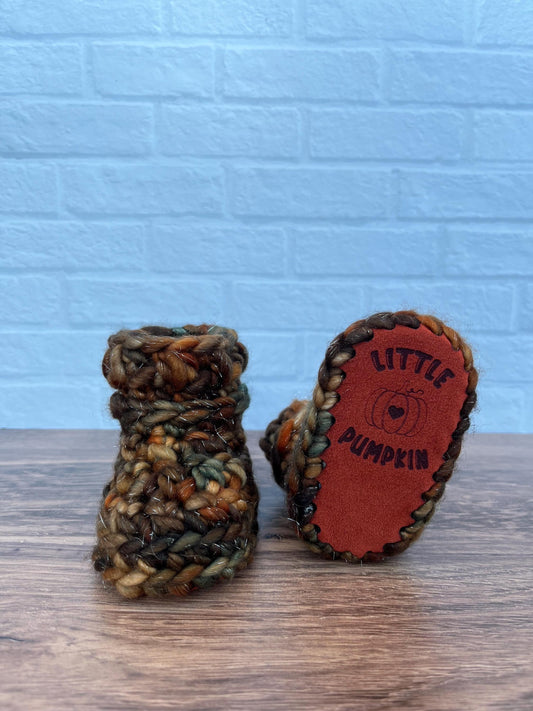 3-6 months - Luxury Sparkly “Little Pumpkin” Merino Wool Crochet Baby Booties - Hand Crocheted Baby Booties with Hand Dyed Yarn