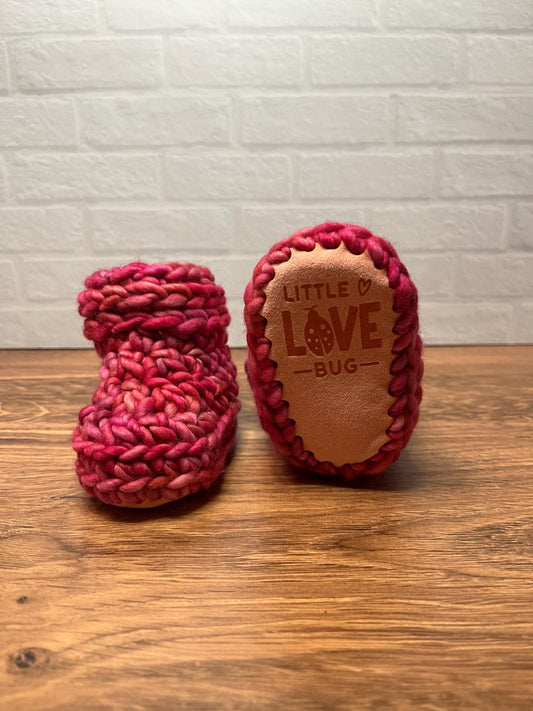 3-6 months - Luxury Pink “Little Love Bug” Merino Wool Crochet Baby Booties - Hand Crocheted Baby Booties with Hand Dyed Yarn