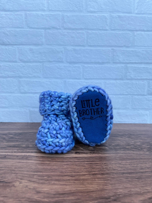 3-6 months - Luxury Blue “Little Brother” Merino Wool Crochet Baby Booties - Hand Crocheted Baby Booties with Hand Dyed Yarn