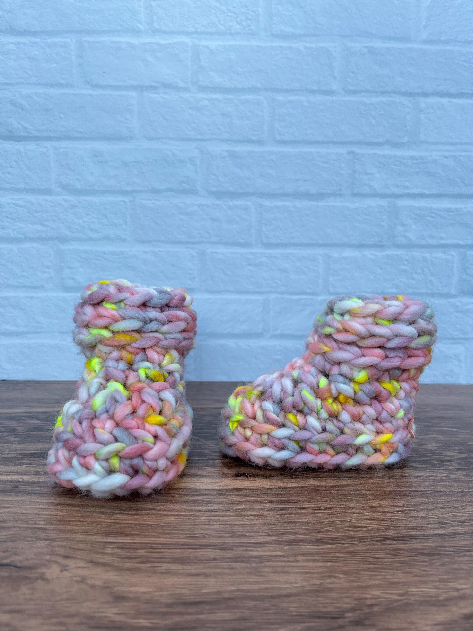 3-6 months - Luxury Pastel “Hello I’m New Here” Merino Wool Crochet Baby Booties - Hand Crocheted Baby Booties with Hand Dyed Yarn