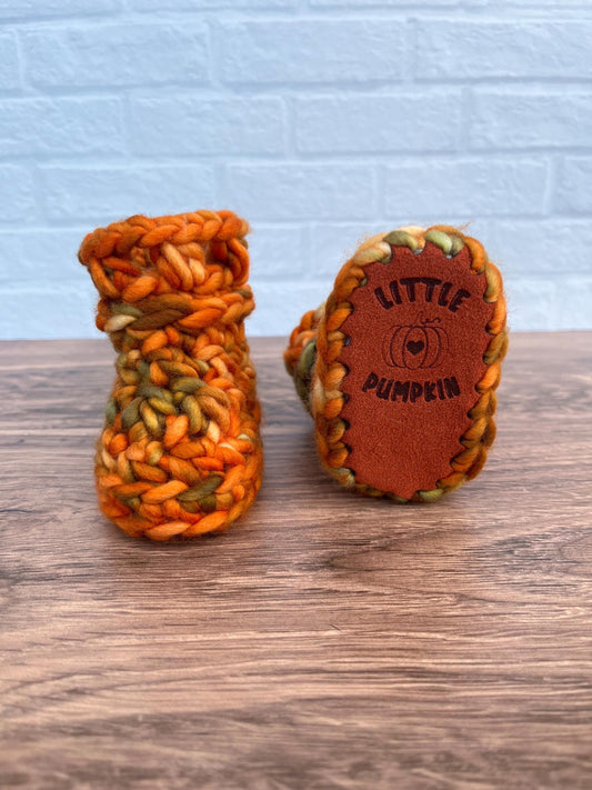 0-3 months - Luxury Orange “Little Pumpkin” Merino Wool Crochet Baby Booties - Hand Crocheted Baby Booties with Hand Dyed Yarn