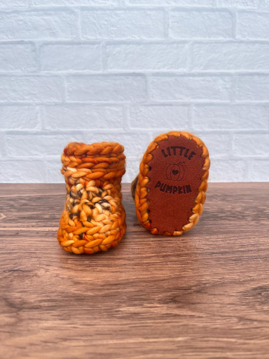 0-3 months - Luxury Orange “Little Pumpkin” Merino Wool Crochet Baby Booties - Hand Crocheted Baby Booties with Hand Dyed Yarn
