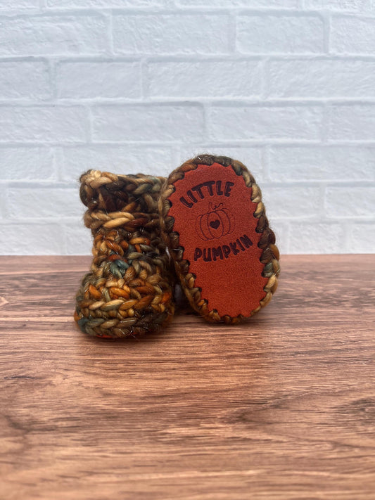 3-6 months - Luxury Sparkly “Little Pumpkin” Merino Wool Crochet Baby Booties - Hand Crocheted Baby Booties with Hand Dyed Yarn