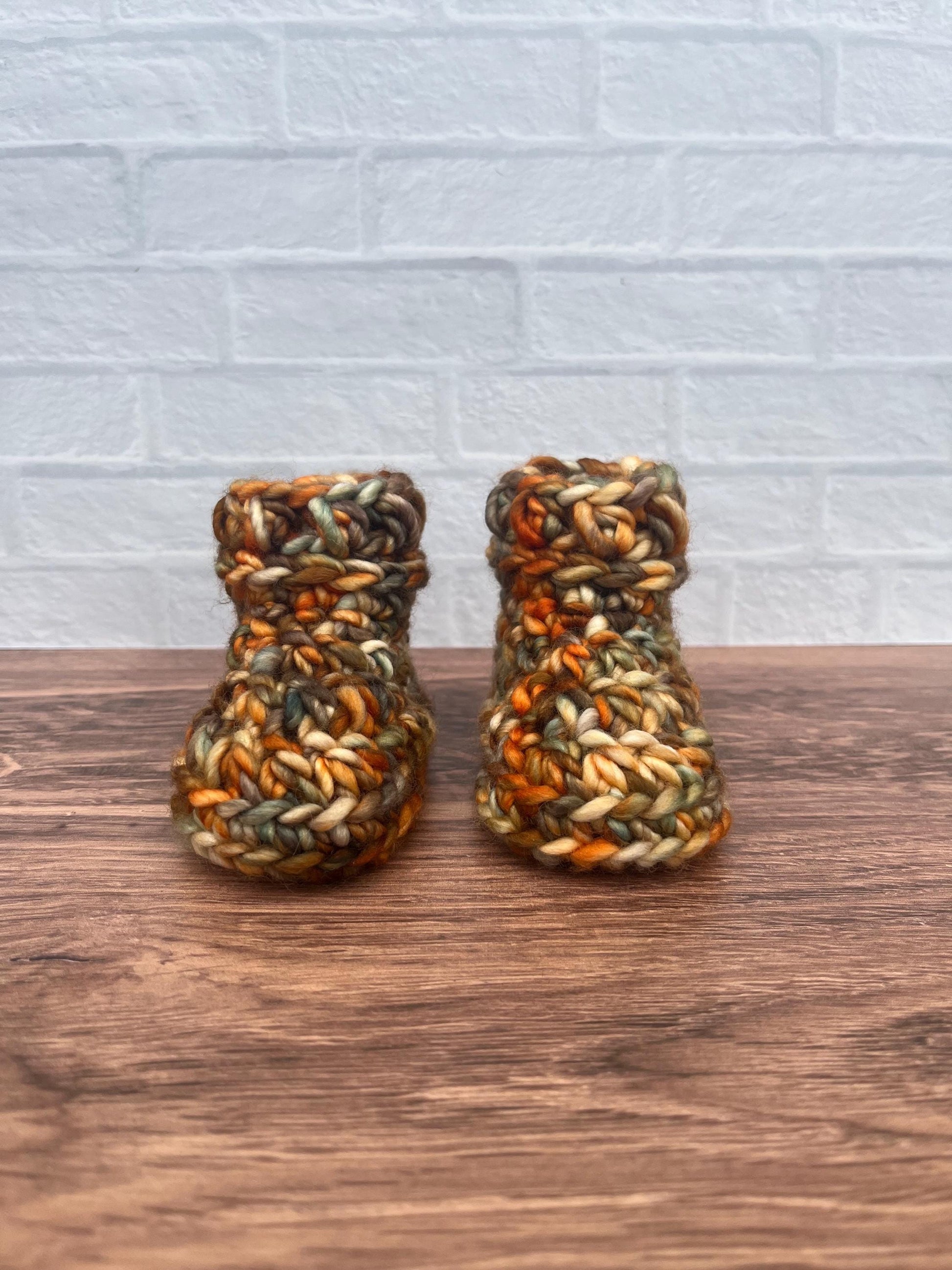 3-6 months - Luxury Sparkly “Little Pumpkin” Merino Wool Crochet Baby Booties - Hand Crocheted Baby Booties with Hand Dyed Yarn