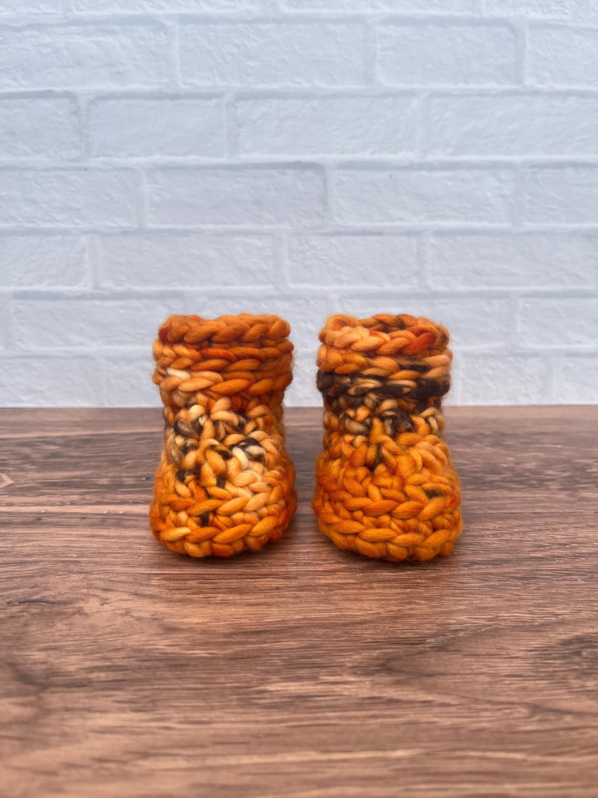 0-3 months - Luxury Orange “Little Pumpkin” Merino Wool Crochet Baby Booties - Hand Crocheted Baby Booties with Hand Dyed Yarn
