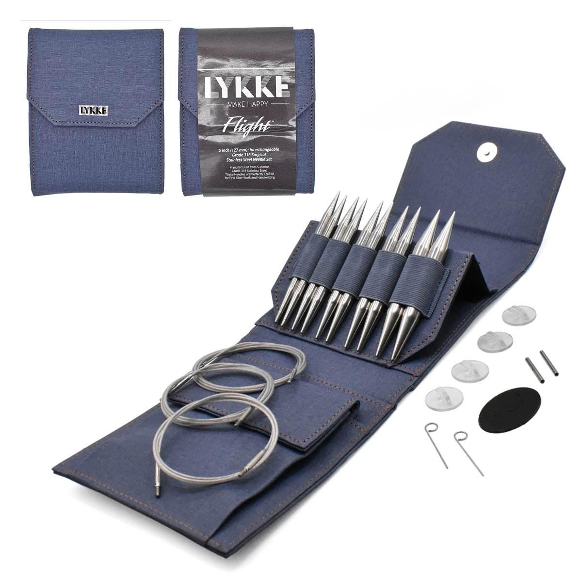 Lykke Knitting Needles - FLIGHT 5" Interchangeable Circular Needle Set - Mini, Standard, Bulky - Faux Waxed Canvas - Purple, Maroon, Denim