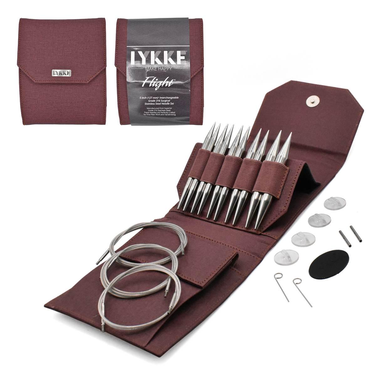 Lykke Knitting Needles - FLIGHT 5" Interchangeable Circular Needle Set - Mini, Standard, Bulky - Faux Waxed Canvas - Purple, Maroon, Denim