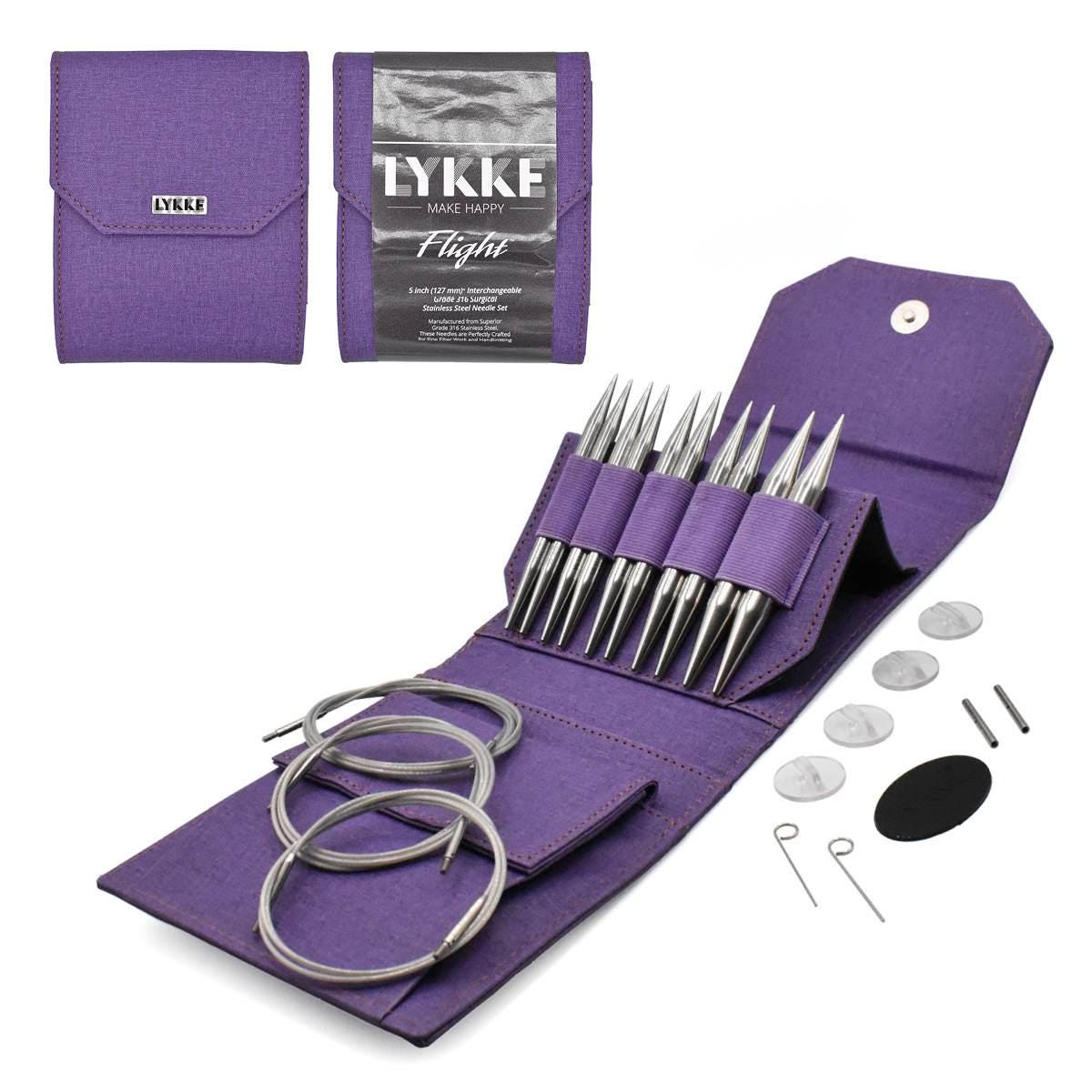 Lykke Knitting Needles - FLIGHT 5" Interchangeable Circular Needle Set - Mini, Standard, Bulky - Faux Waxed Canvas - Purple, Maroon, Denim