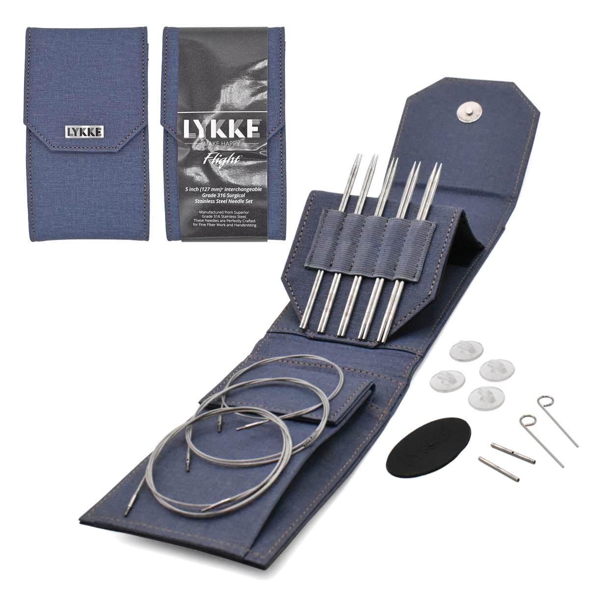 Lykke Knitting Needles - FLIGHT 5" Interchangeable Circular Needle Set - Mini, Standard, Bulky - Faux Waxed Canvas - Purple, Maroon, Denim