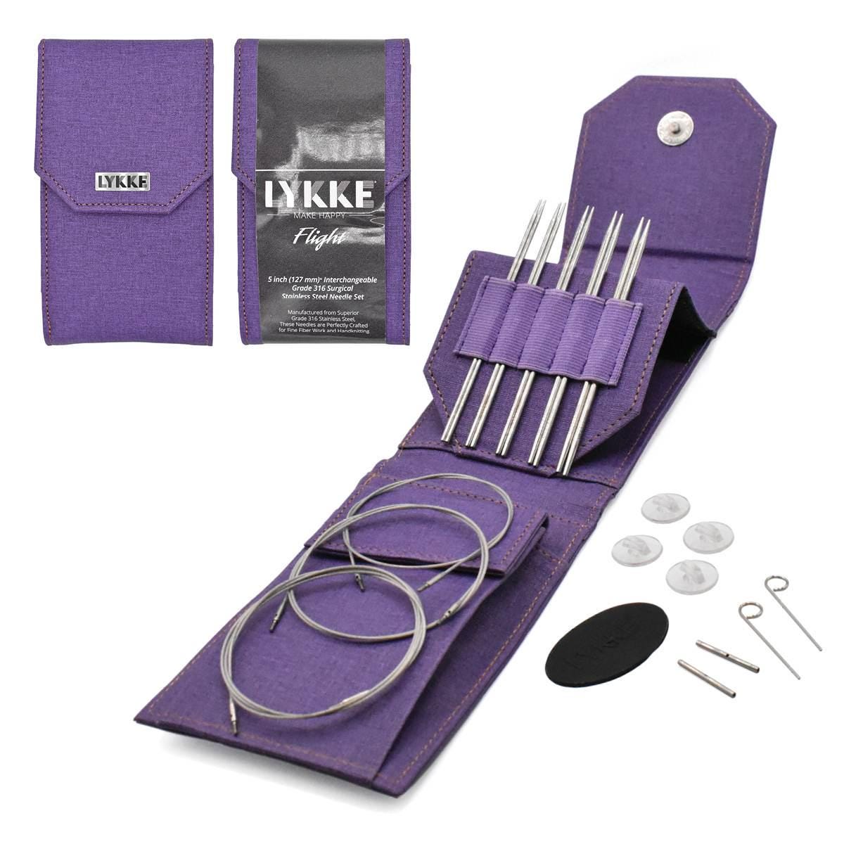 Lykke Knitting Needles - FLIGHT 5" Interchangeable Circular Needle Set - Mini, Standard, Bulky - Faux Waxed Canvas - Purple, Maroon, Denim