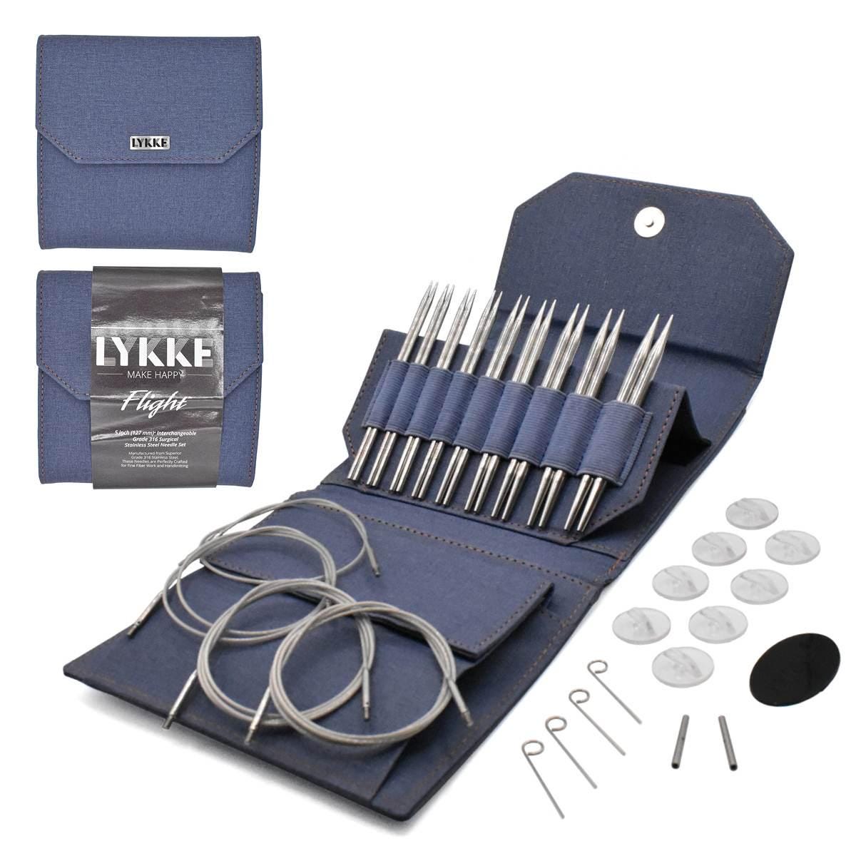 Lykke Knitting Needles - FLIGHT 5" Interchangeable Circular Needle Set - Mini, Standard, Bulky - Faux Waxed Canvas - Purple, Maroon, Denim