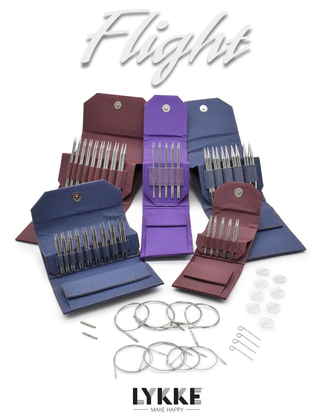 Lykke Knitting Needles - FLIGHT 5" Interchangeable Circular Needle Set - Mini, Standard, Bulky - Faux Waxed Canvas - Purple, Maroon, Denim