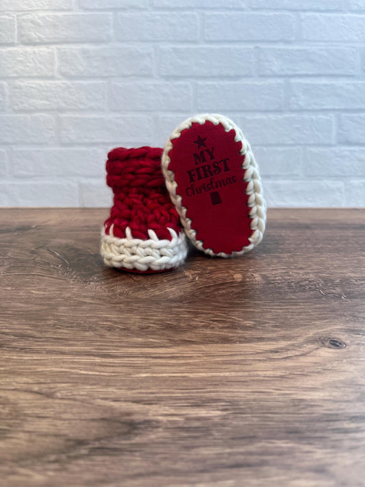 3-6 months - Luxury Red White “My First Christmas” Merino Wool Crochet Baby Booties - Hand Crocheted Baby Booties with Hand Dyed Yarn