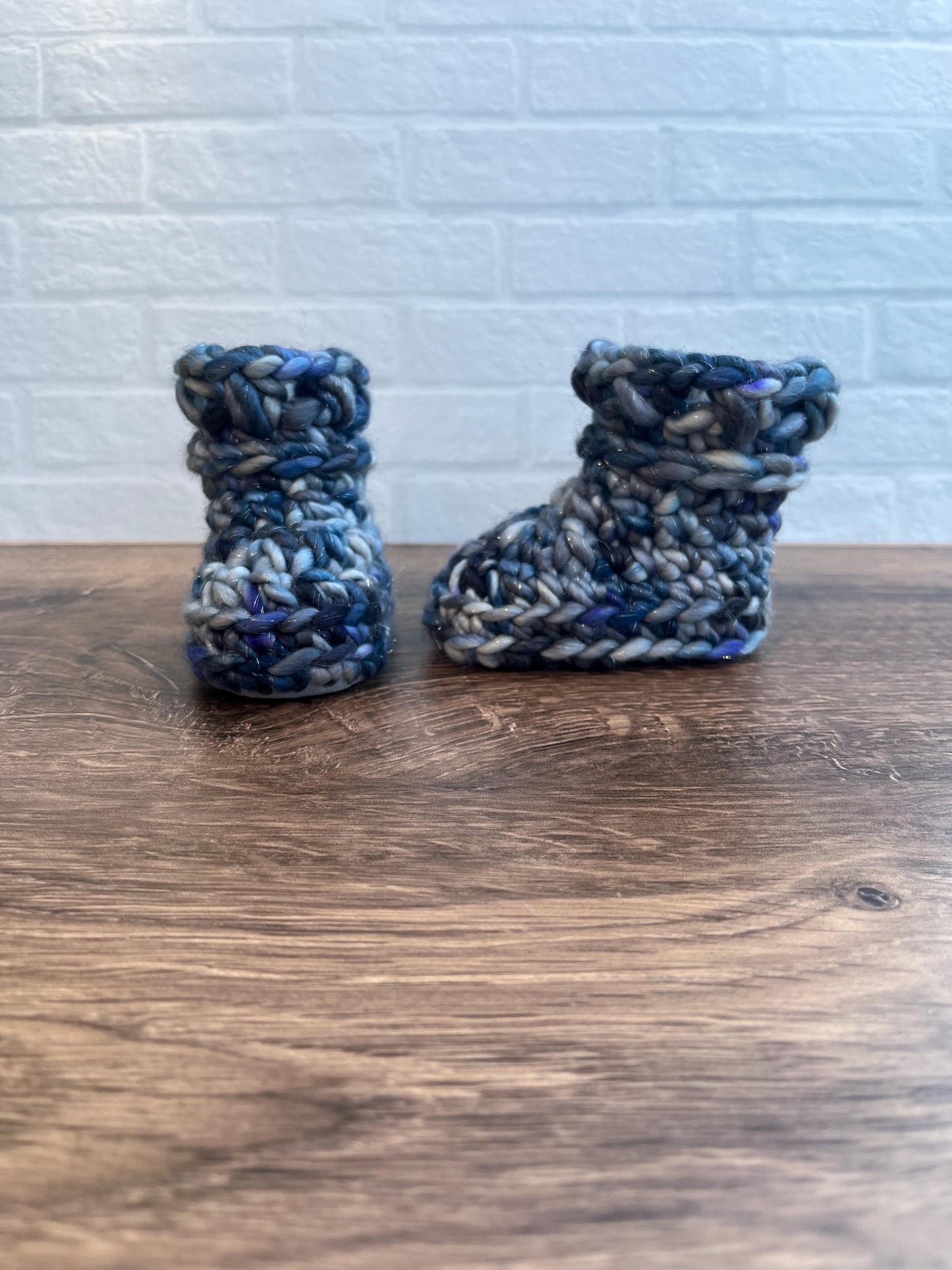 3-6 months - Luxury Sparkly Grey Blue “My First Christmas” Merino Wool Crochet Baby Booties - Hand Crocheted Baby Booties w Hand Dyed Yarn
