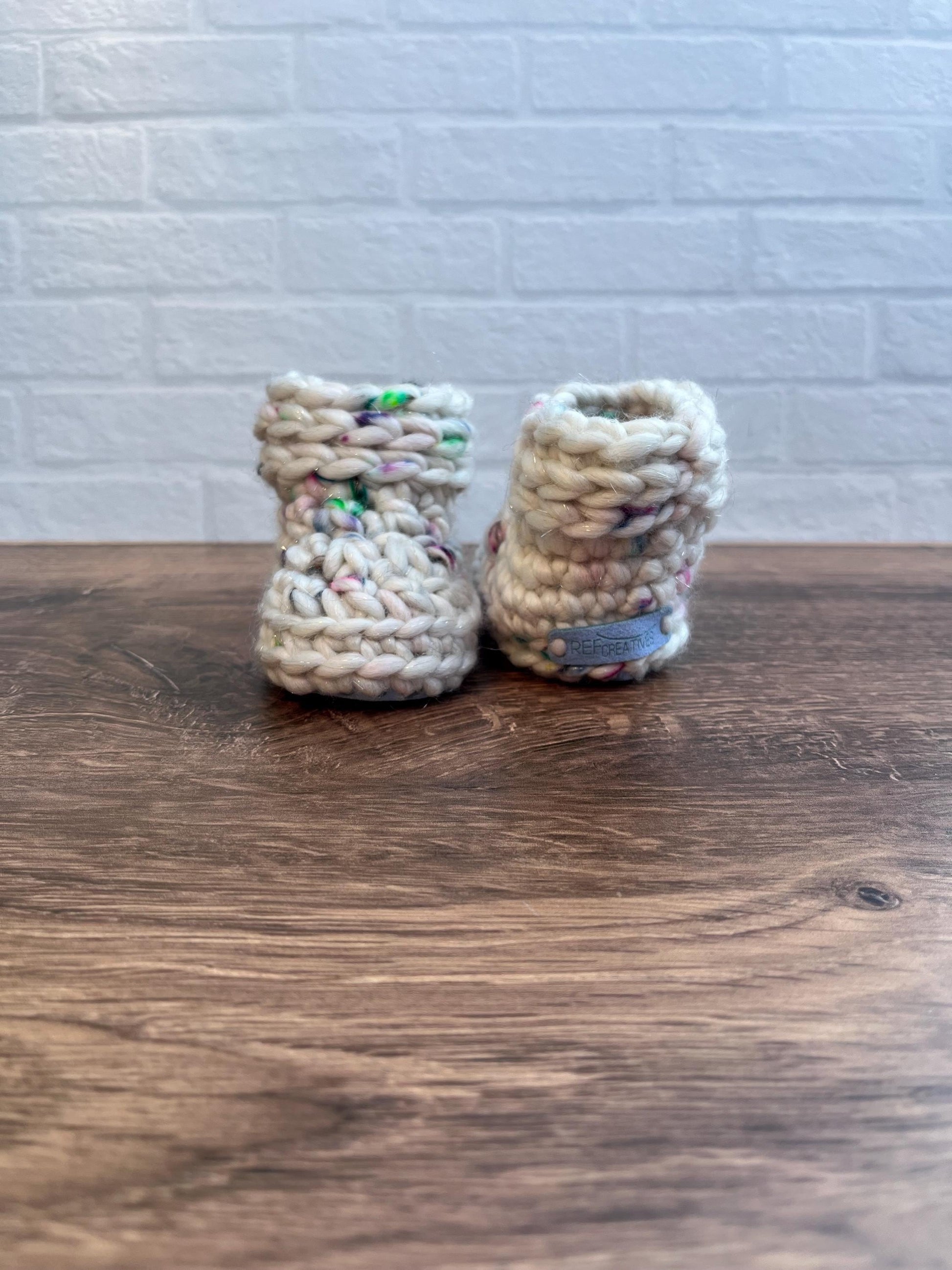 3-6 months - Luxury Sparkly White Rainbow Speckled “My First Christmas” Merino Wool Crochet Baby Booties - Hand Crocheted w Hand Dyed Yarn