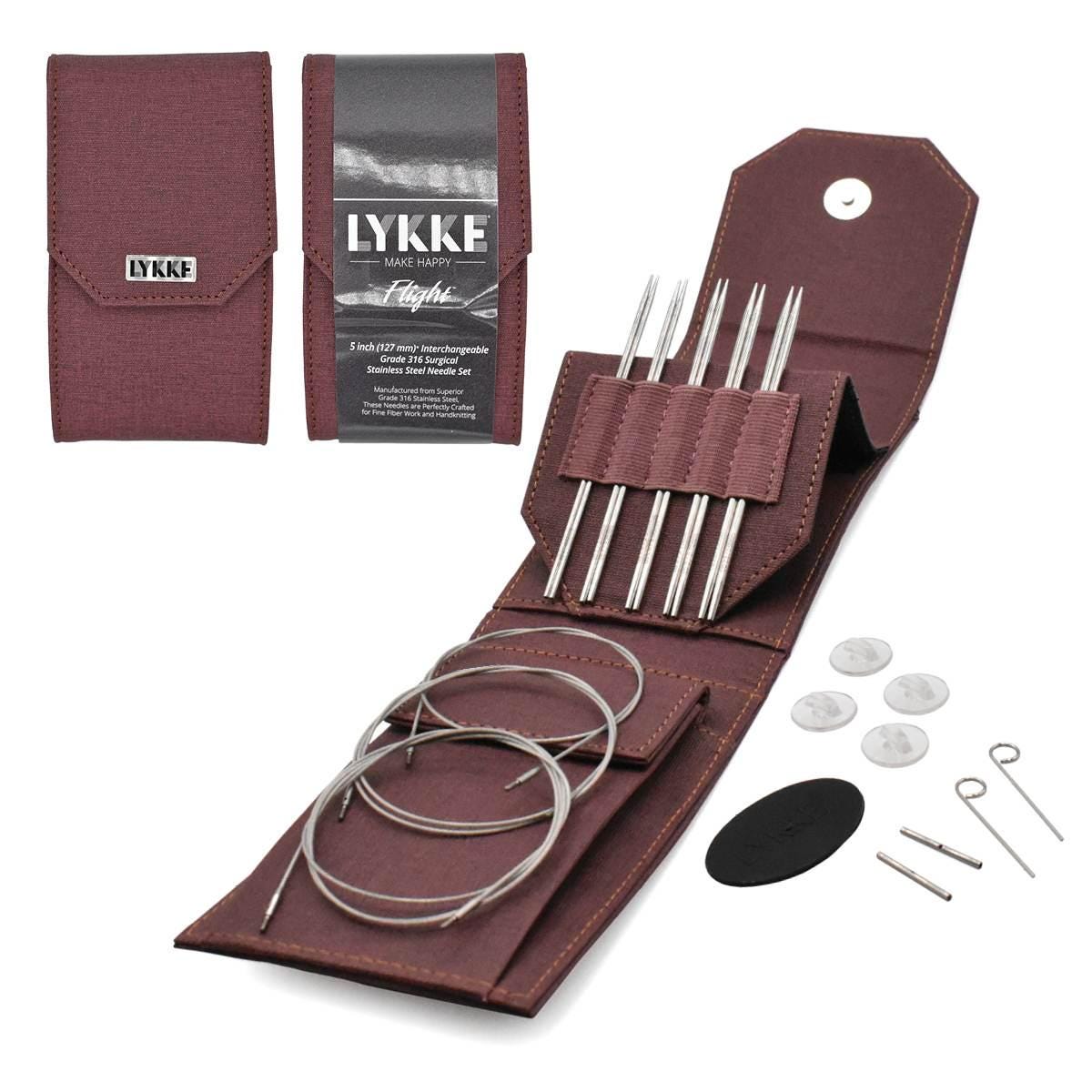 Lykke Knitting Needles - FLIGHT 5" Interchangeable Circular Needle Set - Mini, Standard, Bulky - Faux Waxed Canvas - Purple, Maroon, Denim