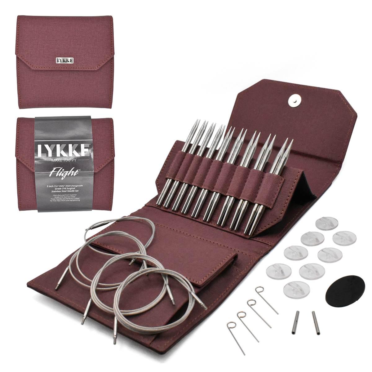 Lykke Knitting Needles - FLIGHT 5" Interchangeable Circular Needle Set - Mini, Standard, Bulky - Faux Waxed Canvas - Purple, Maroon, Denim