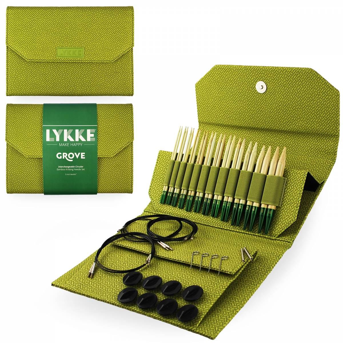 Lykke Knitting Needles - Grove 5" Interchangeable Circular Needle Set - Green Basketweave Effect